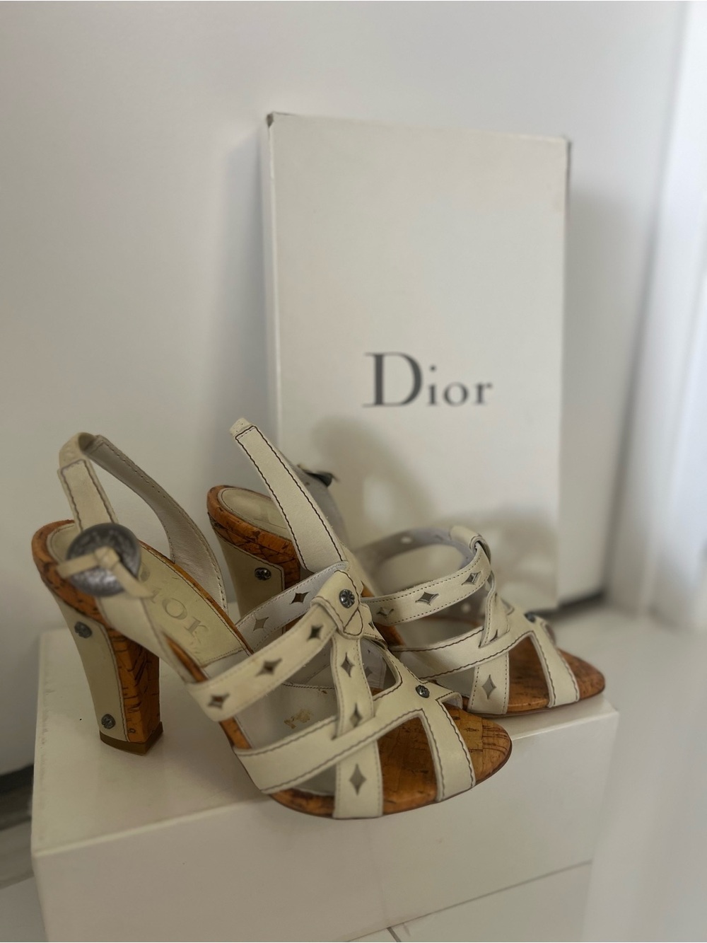 Dior Cream Leather‎ Cork-Trim Slingback Heels